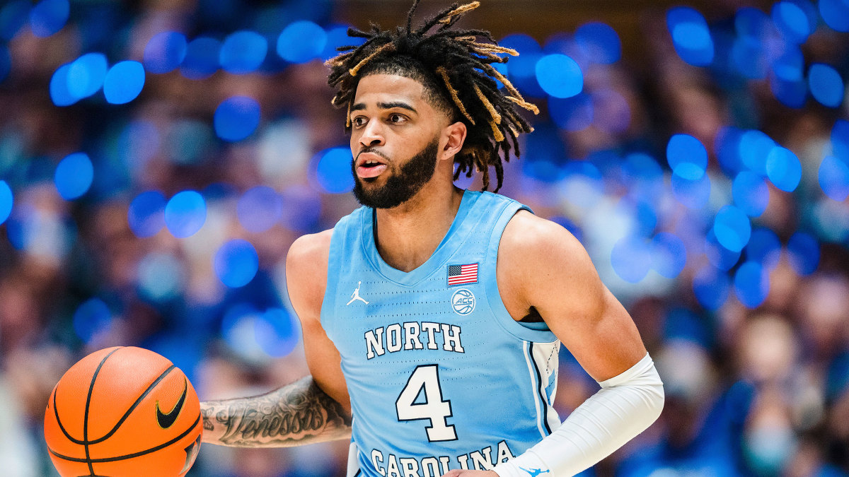 UNC guard RJ Davis dribbles vs. Duke